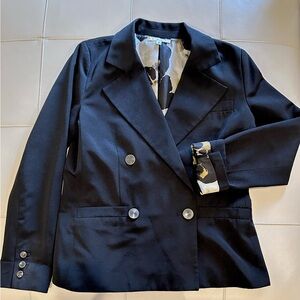 CAbi Black Double-Breasted Blazer with Animal Print Lining and Matching Camisole